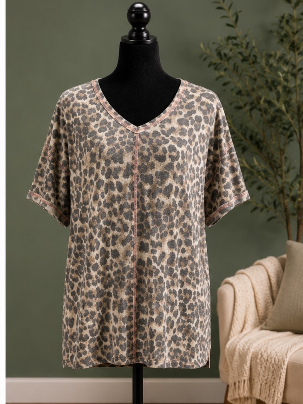 Vanilla Bay Beige and Gray Leopard Print V-Neck Short Sleeve Top
